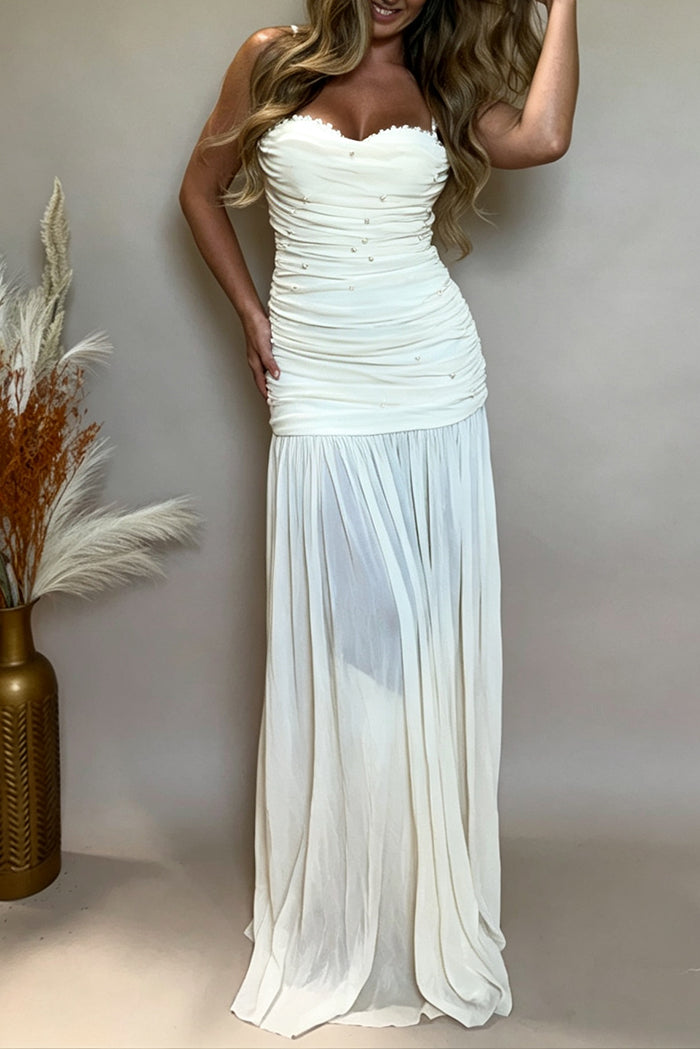 Pearl Strap Ruched Pleated Flowy Maxi Dress