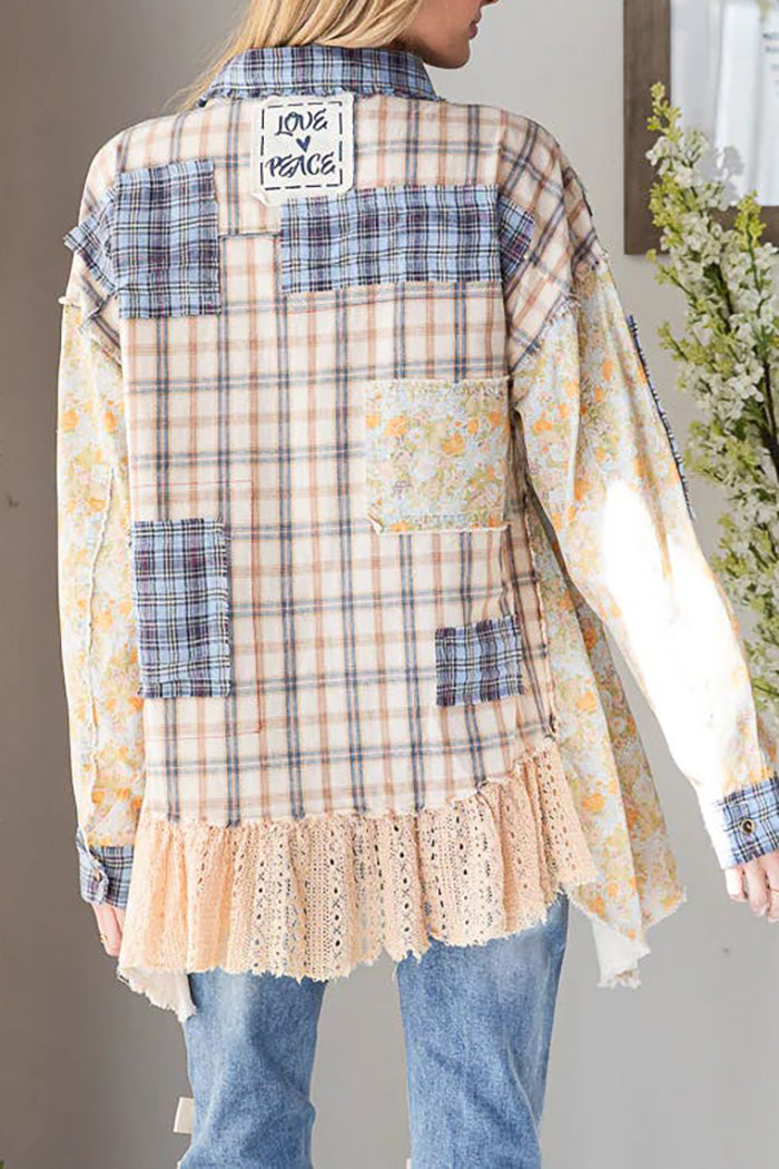 Plaid Floral Patchwork Lace Ruffle Hem Top