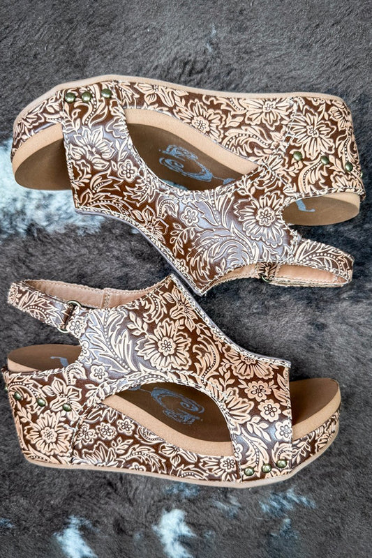 Western Tooled Floral Ankle Buckle Tan Wedge Sandals