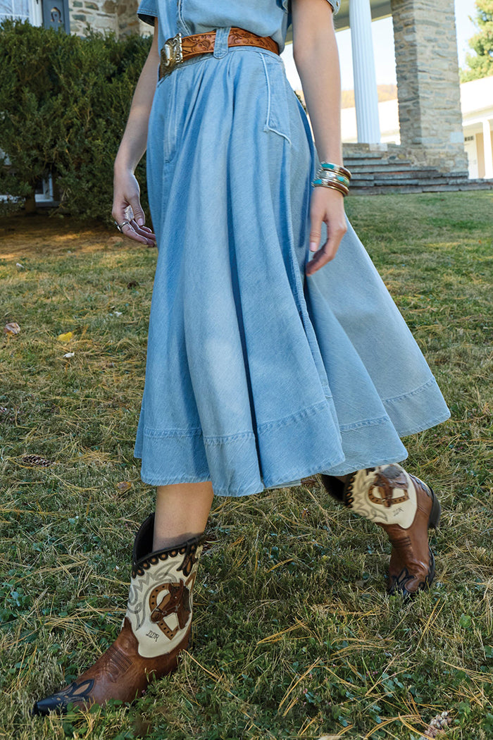 Elastic Back Waist Pocket Pleated Chambray Skirt