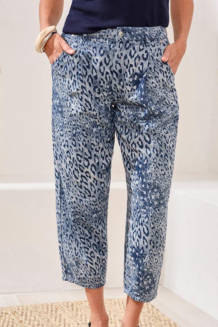 Leopard Jacquard Barrel Leg Denim Jeans