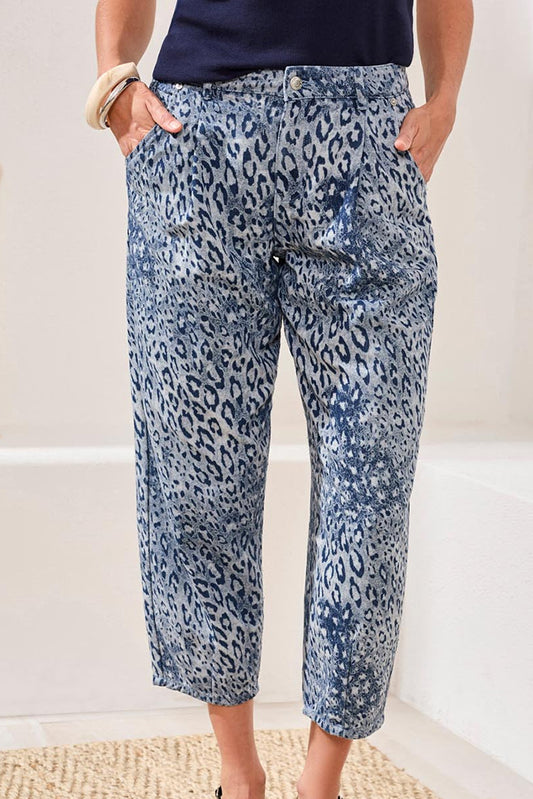 Leopard Jacquard Barrel Leg Denim Jeans