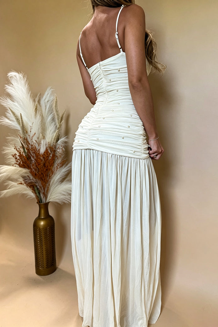 Pearl Strap Ruched Pleated Flowy Maxi Dress