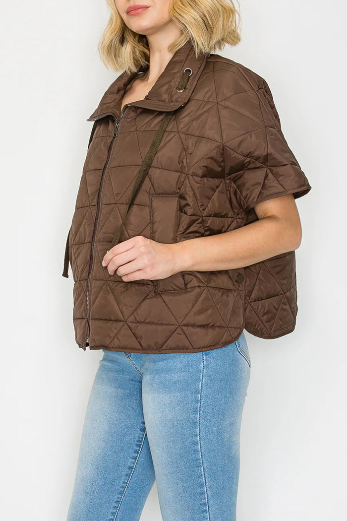 Brown Zip Pocketed Short-Sleeve Puffer Jacket