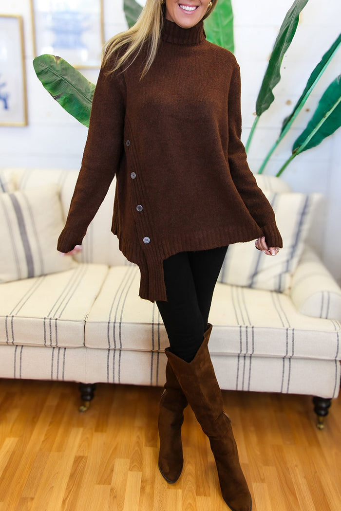 Turtleneck Side Button Asymmetrical Sweater
