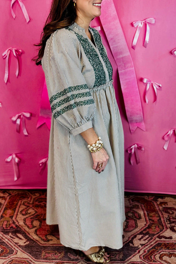 Embroidered Stripe Pocket Midi Dress