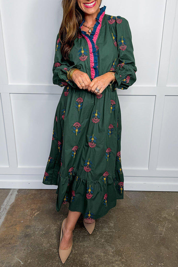 Ruffled Neckline Floral Printed Maxi Dress