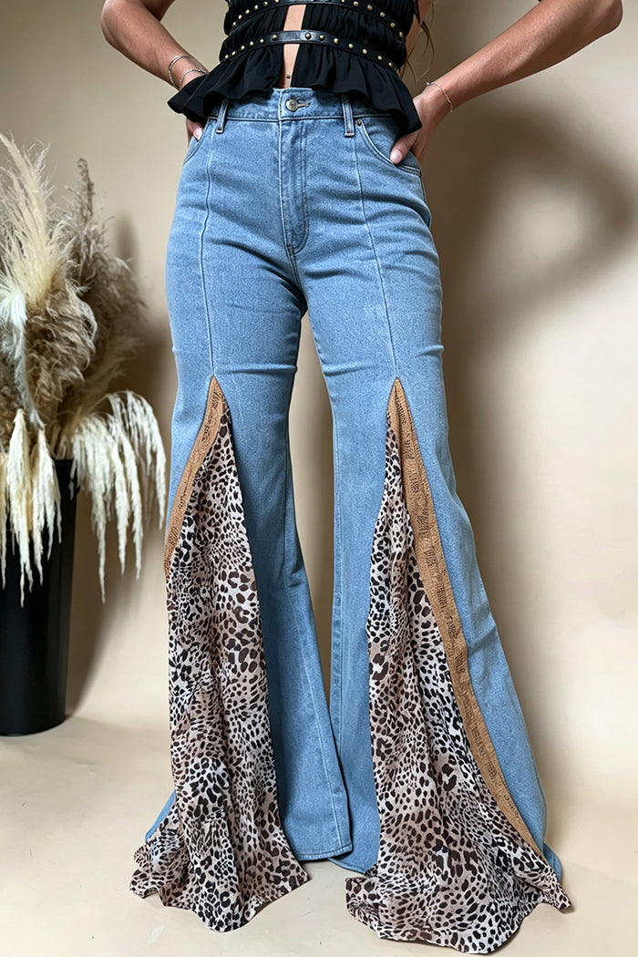Light Denim Leopard Insert Flare Pants