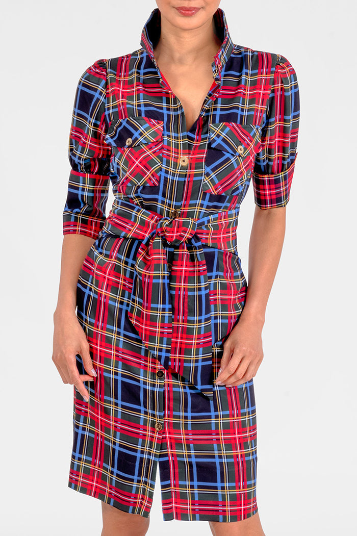 Plaid Pocket Collared Shirtwaist Dress