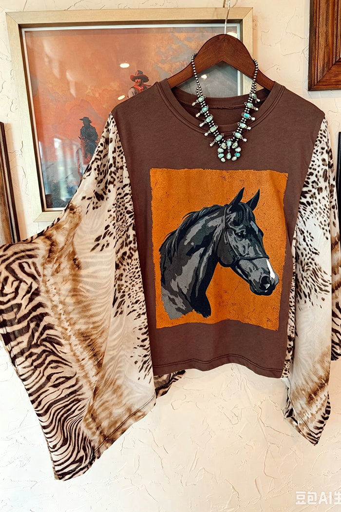 Horse Print Contrast Kaftan Sleeve Top