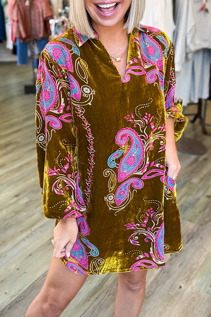 V-Neck Velvet Pocket Dress