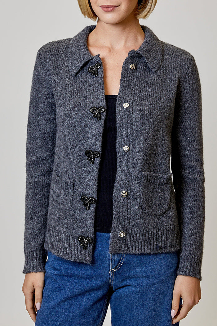 Knit Collared Bow-Button Pocket Cardigan