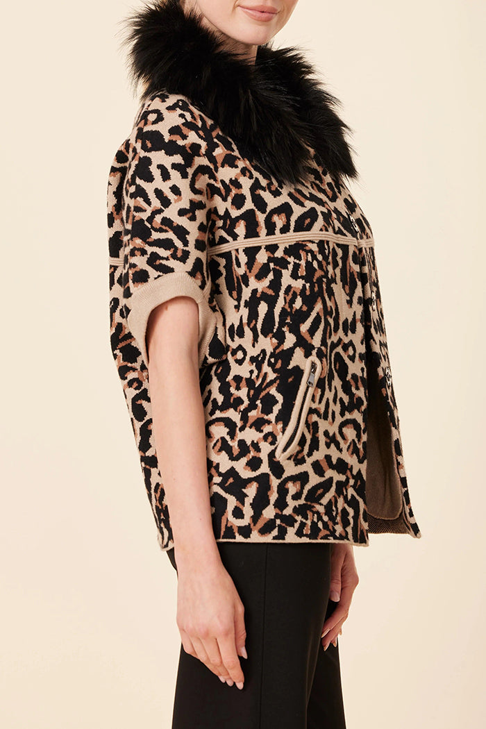 Leopard Print Fur-Collar Buttoned Jacket