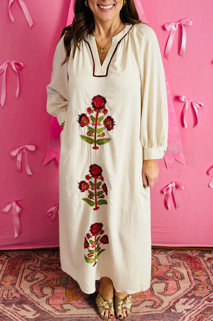 Embroidered Floral Long Sleeve Pocket Maxi Dress