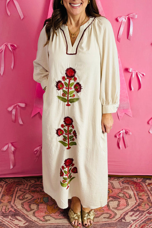 Embroidered Floral Long Sleeve Pocket Maxi Dress