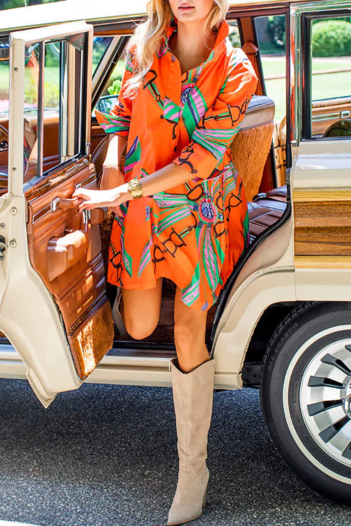 Vibrant Orange Art-Print Shirt Dress