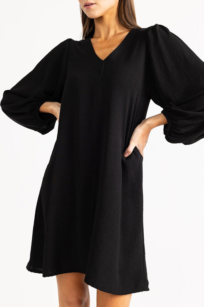 Balloon Sleeve V Neck Dress