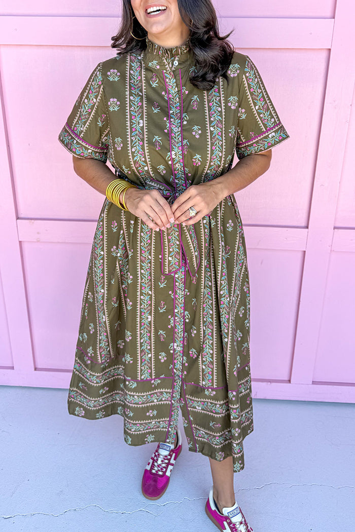 Ruffle Mock Collar Button-Pocket Dress