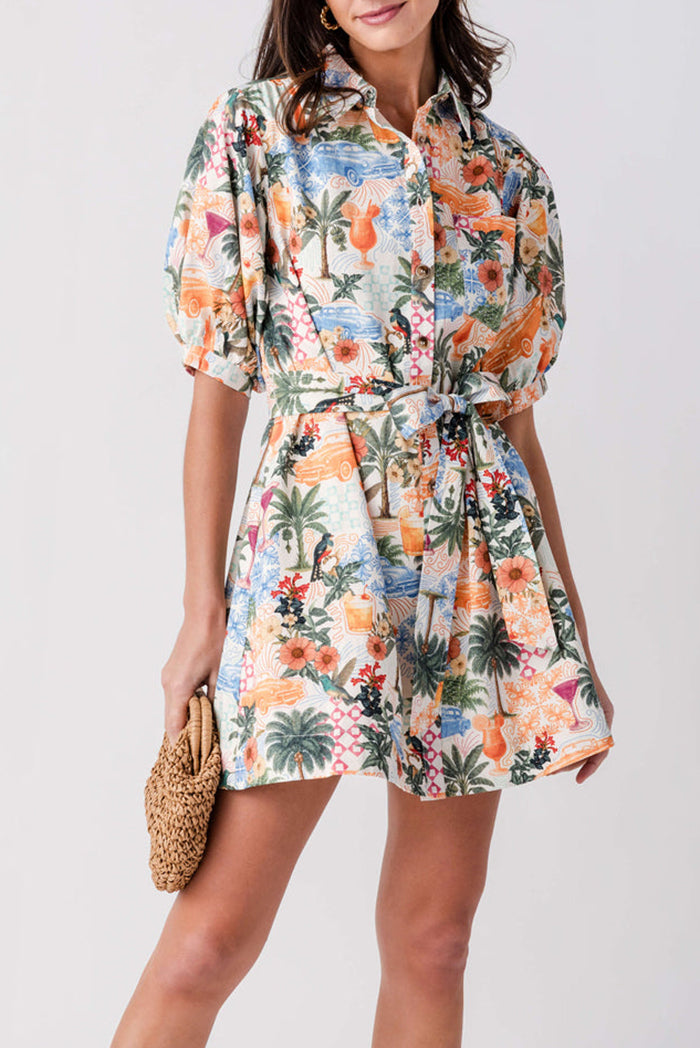 Floral Puff Sleeve Belted Mini Shirt Dress