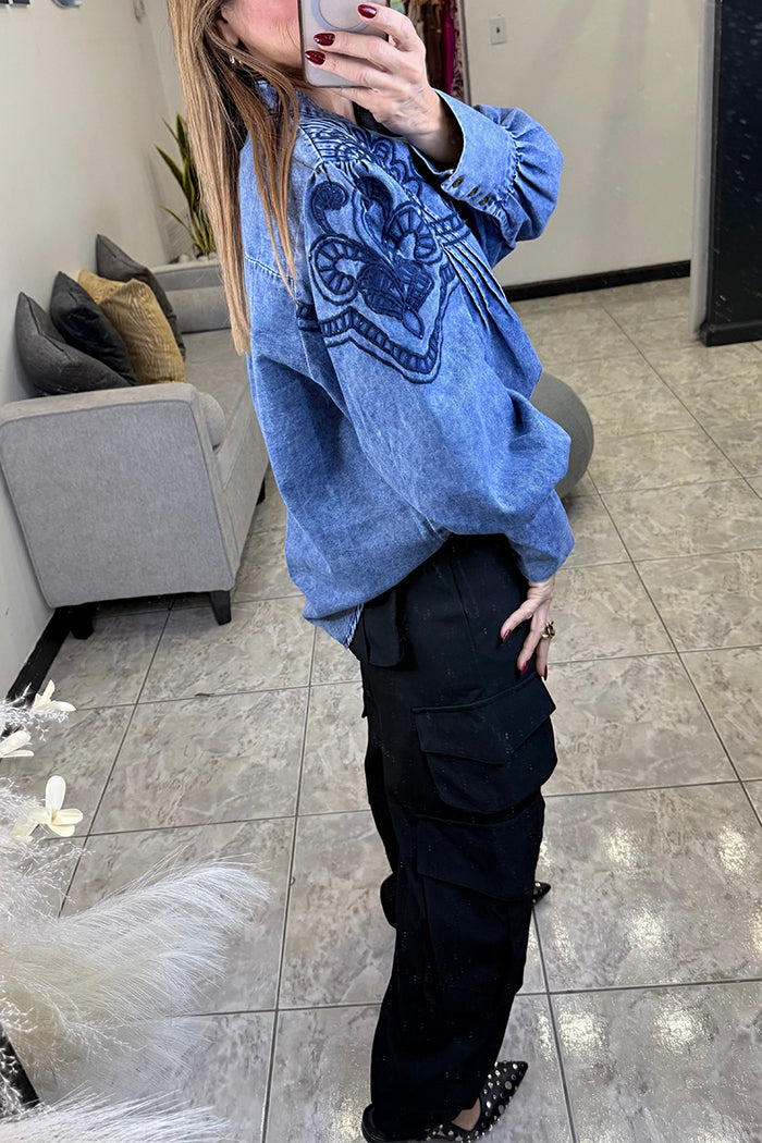Stand Collar Long Puff Sleeve Denim Top