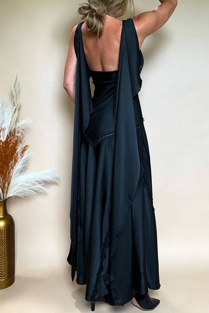 Black Cape Strap Lace Cutout Maxi Dress
