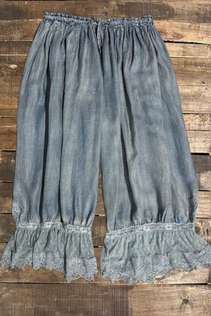 Denim Lace Hem Wide Pants