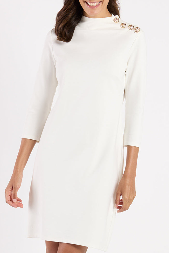 Cream High-Neck Button Accent Dress