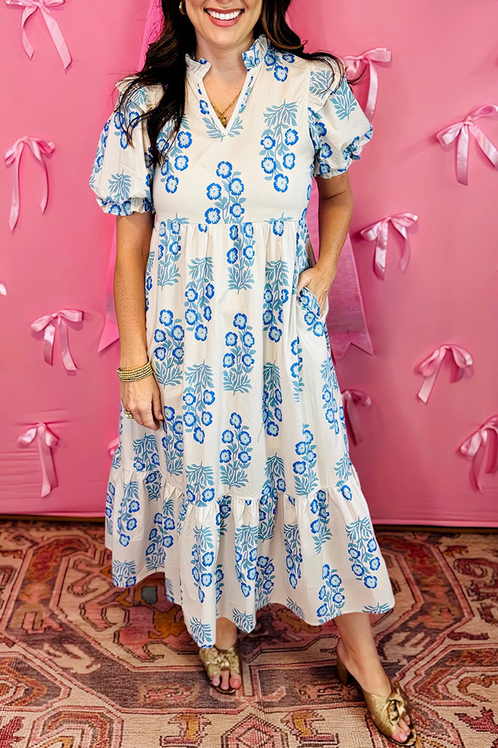 Floral Print Short Puff Sleeve Midi Dress