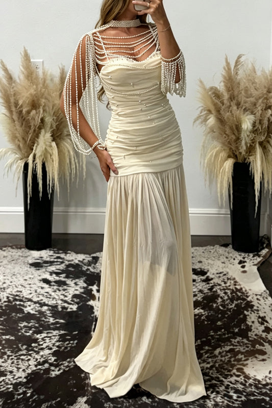 Pearl Strap Ruched Pleated Flowy Maxi Dress