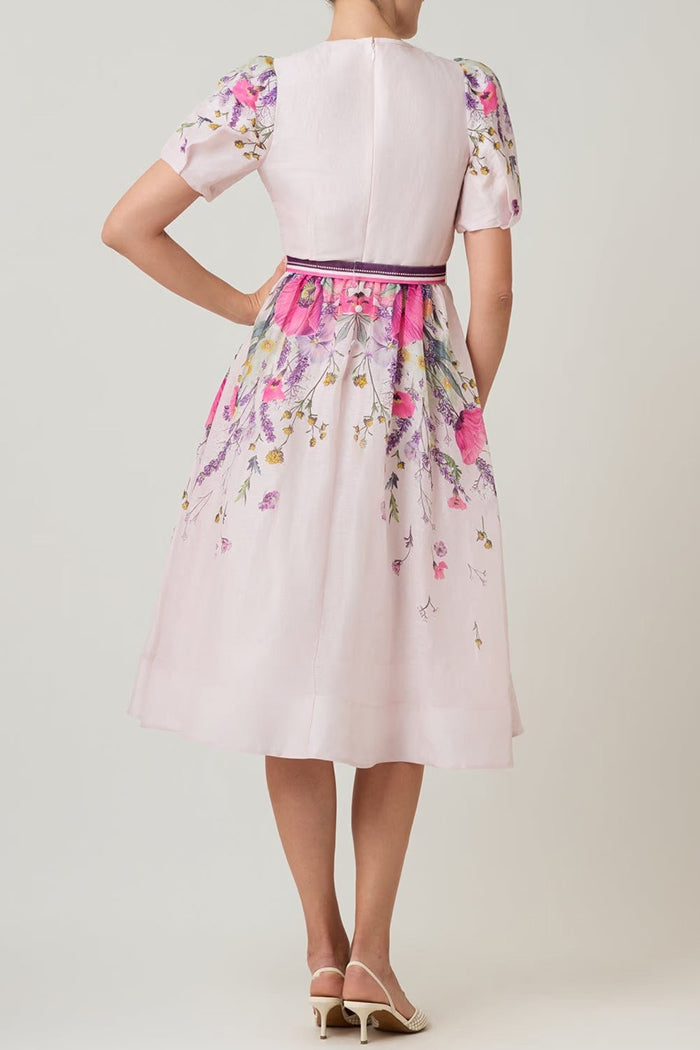 Floral Puffed Sleeve Waisted Dress