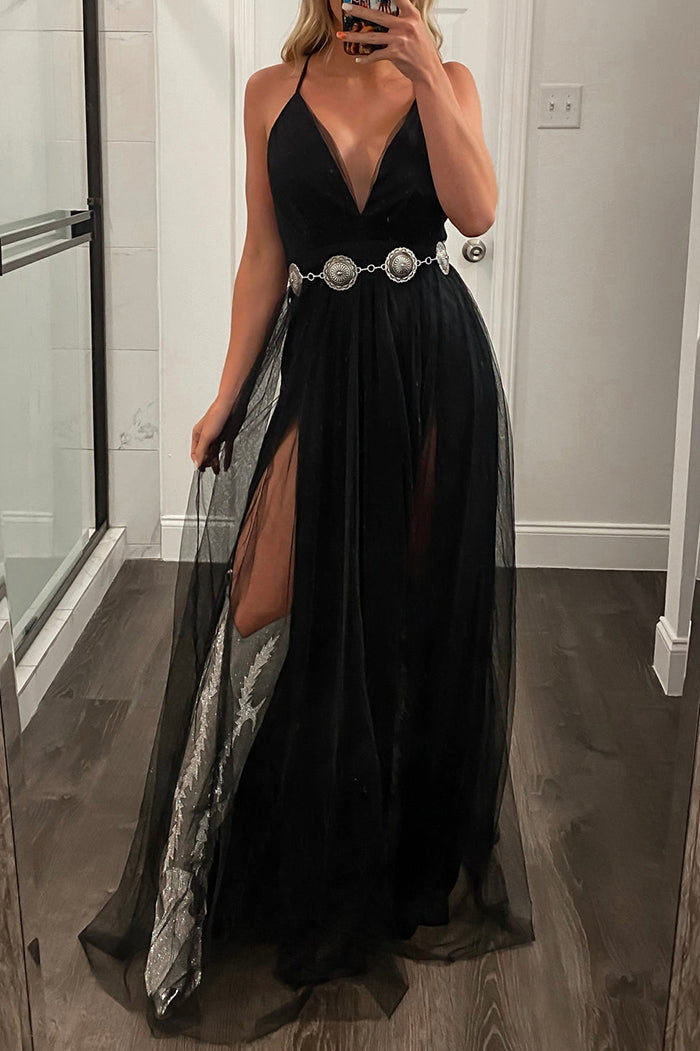 Black Spaghetti Strap Mesh Slit Maxi Dress