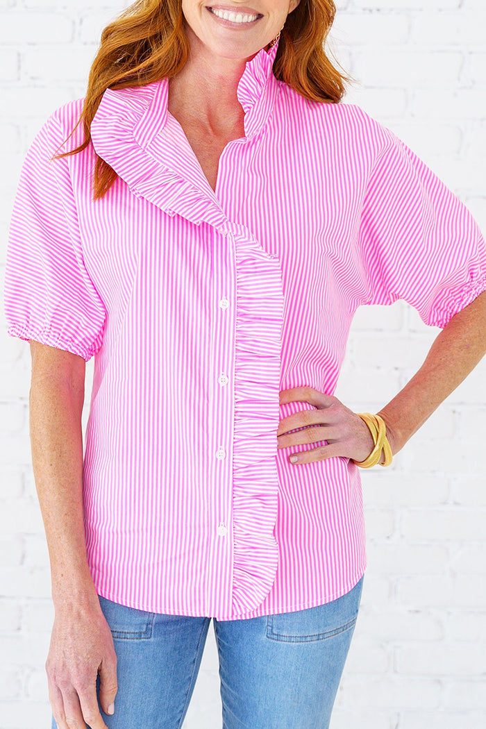 Ruffle Trim Striped Puff Sleeve Top