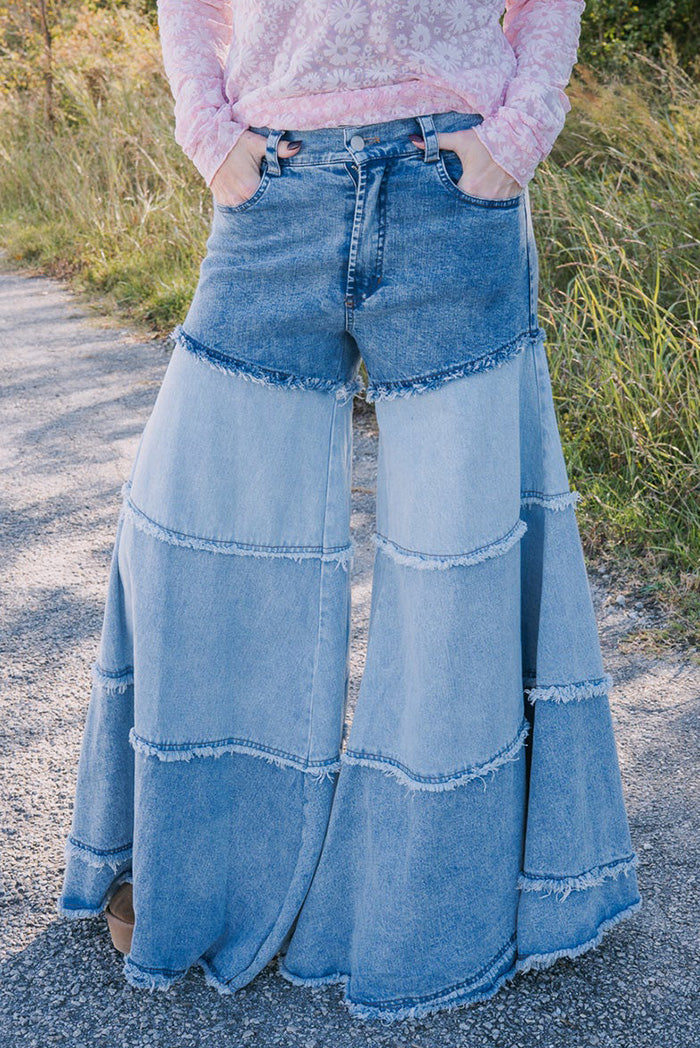 Patchwork Denim Flare Wide Leg Raw Hem Tiered Jeans
