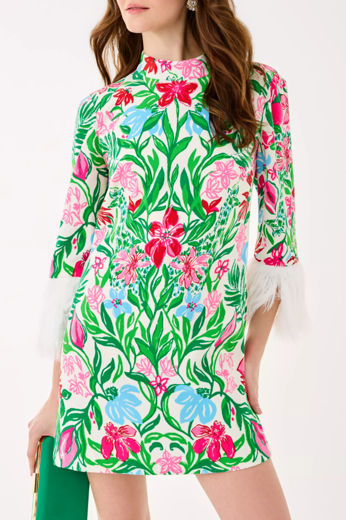 Floral Pattern Faux Feather Trim Romper