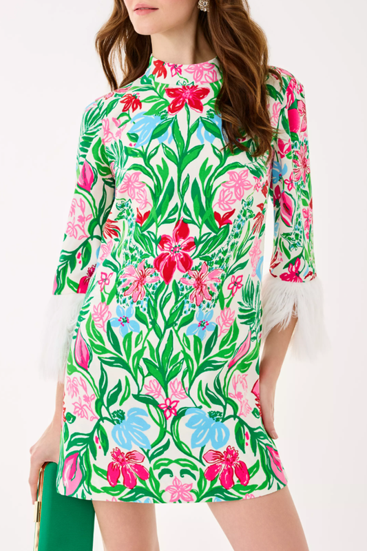 Floral Pattern Faux Feather Trim Romper