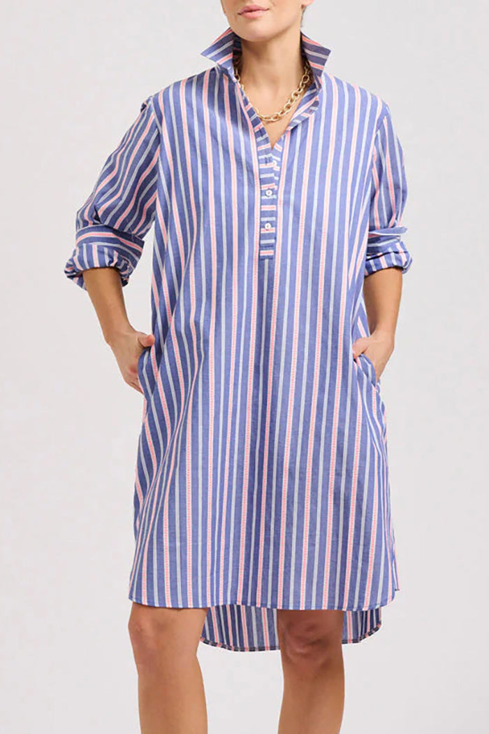 High Low Hem Striped Pocket Shirt Dress