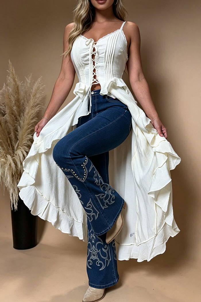 Contrast Embroidered Flare Denim Pants