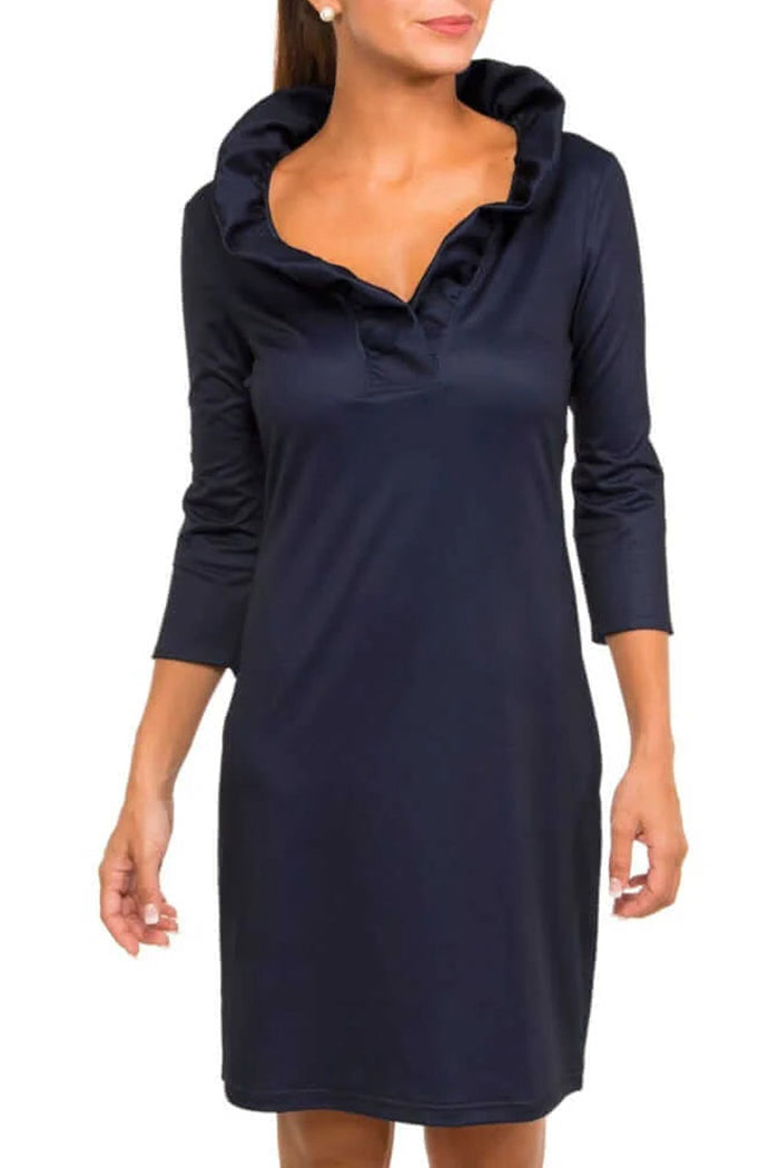 Ruffled Stand-Neck 3/4 Sleeve Sheath Dress