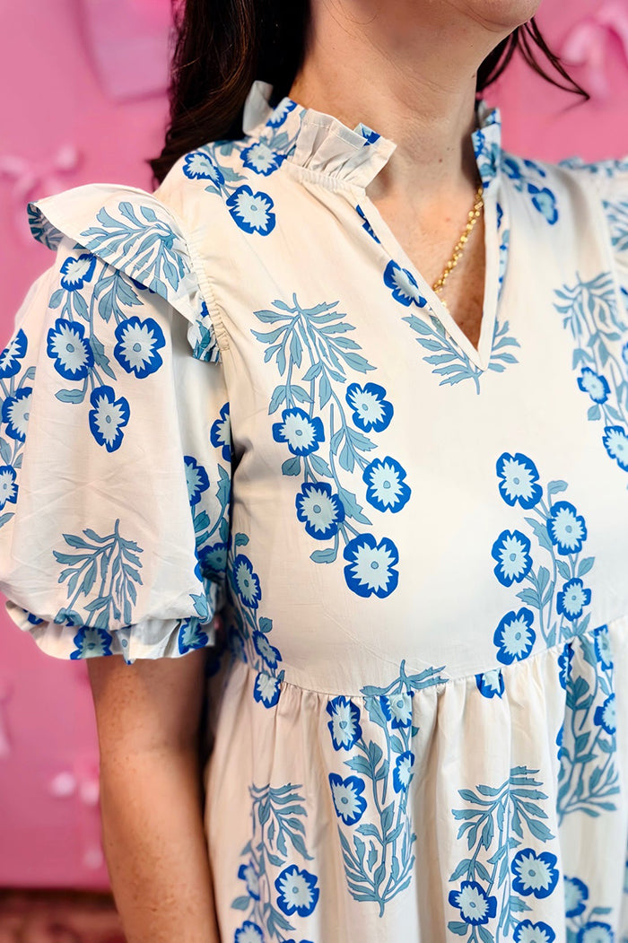 Floral Print Short Puff Sleeve Midi Dress