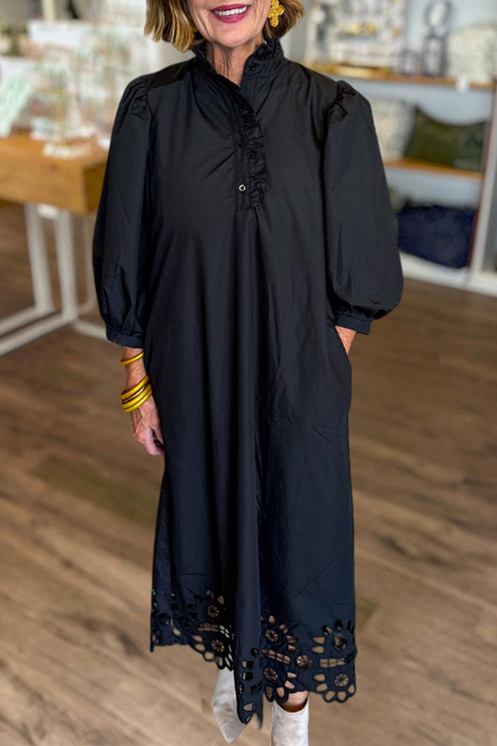 Black Puff-Sleeve Pocket Maxi Dress