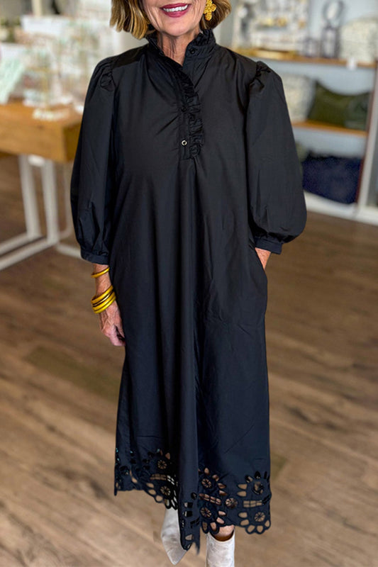 Black Puff-Sleeve Pocket Maxi Dress