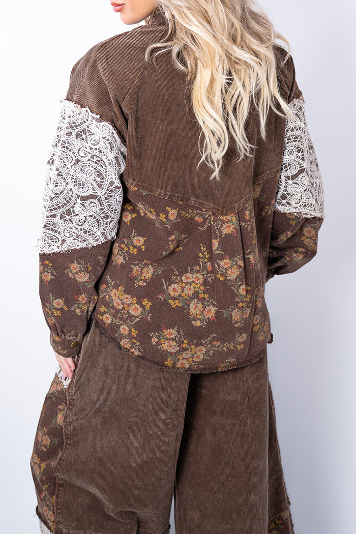 Vintage Brown Floral Lace-Trimmed Jacket