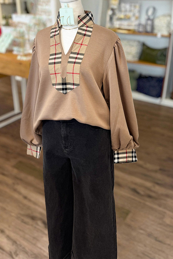 Plaid Accent Trim  Blouse