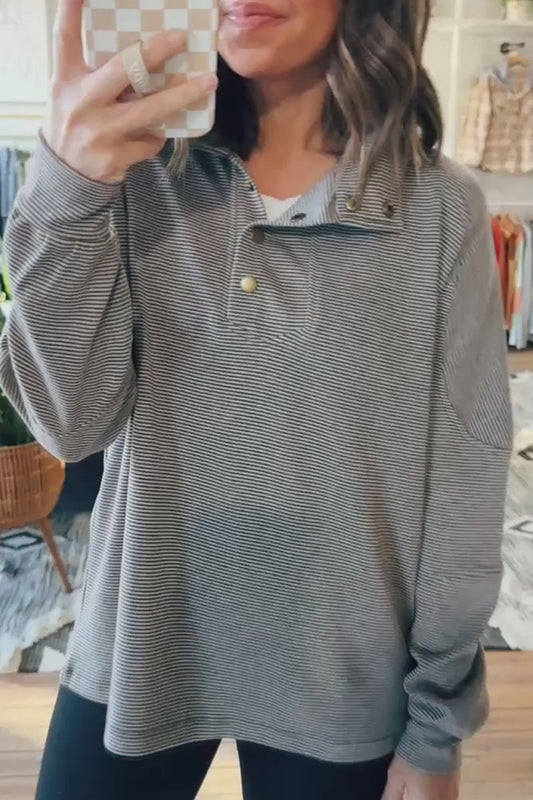 Relaxed-Fit Button-Accent Striped Henley Blouse