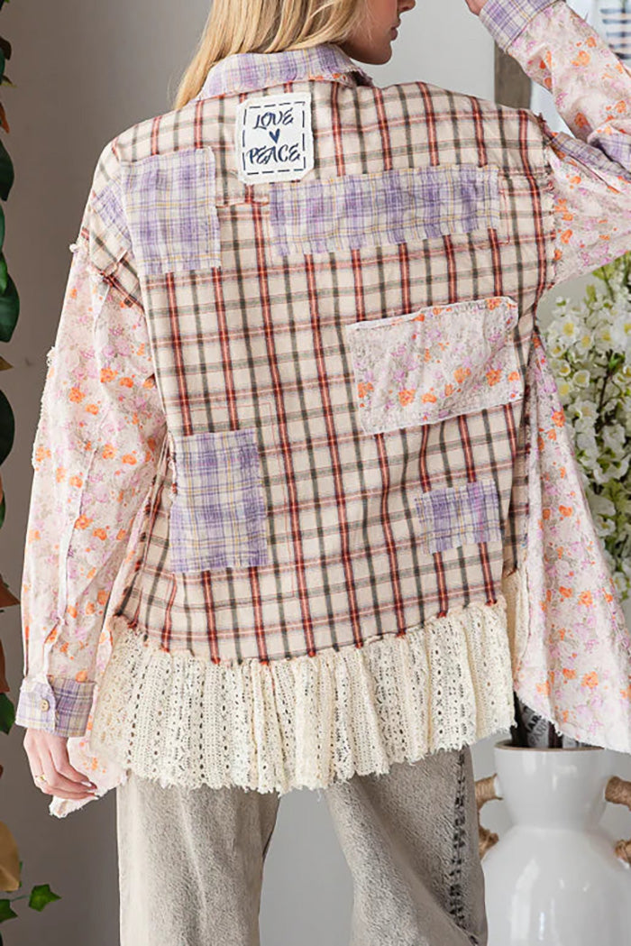 Plaid Floral Patchwork Lace Ruffle Hem Top