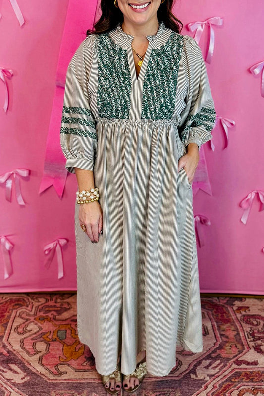 Embroidered Stripe Pocket Midi Dress