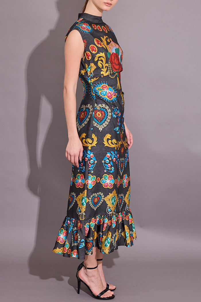 Floral Print Sleeveless Ruffle Hem Midi Dress