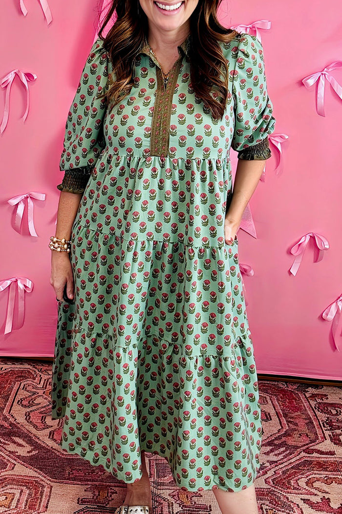 Puff Sleeve Printed Pocket Dress
