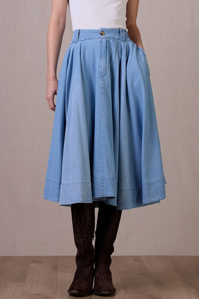 Elastic Back Waist Pocket Pleated Chambray Skirt