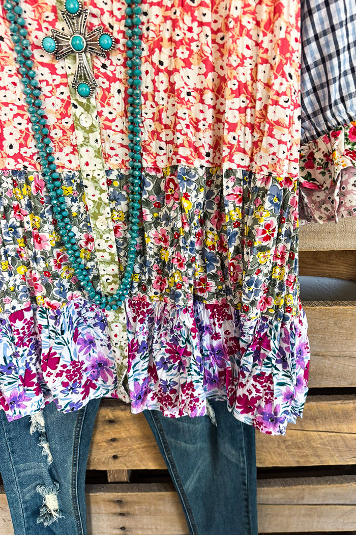 Mixed Print Patchwork Tiered Ruffle Tunic